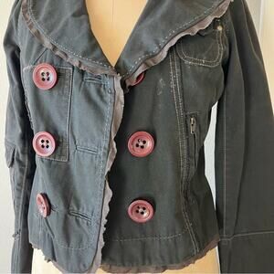 Anthropologie ETT TWA Long Sleeve Ruffle Collar Cotton Large Button Jacket Sz 4
